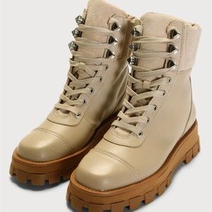 Schutz Sutton Oyster Beige Leather Lug Sole Platform Booties